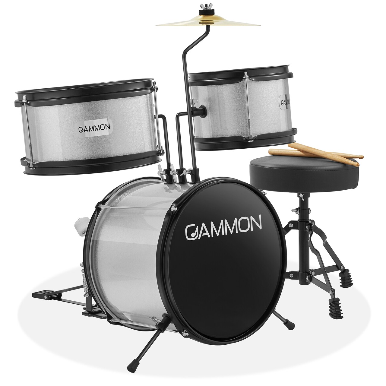 Gammon 3-Piece Junior Drum Set with Throne, Complete Beginner Kit with Bass Drum, Toms, Cymbal, Pedal, and Drumsticks